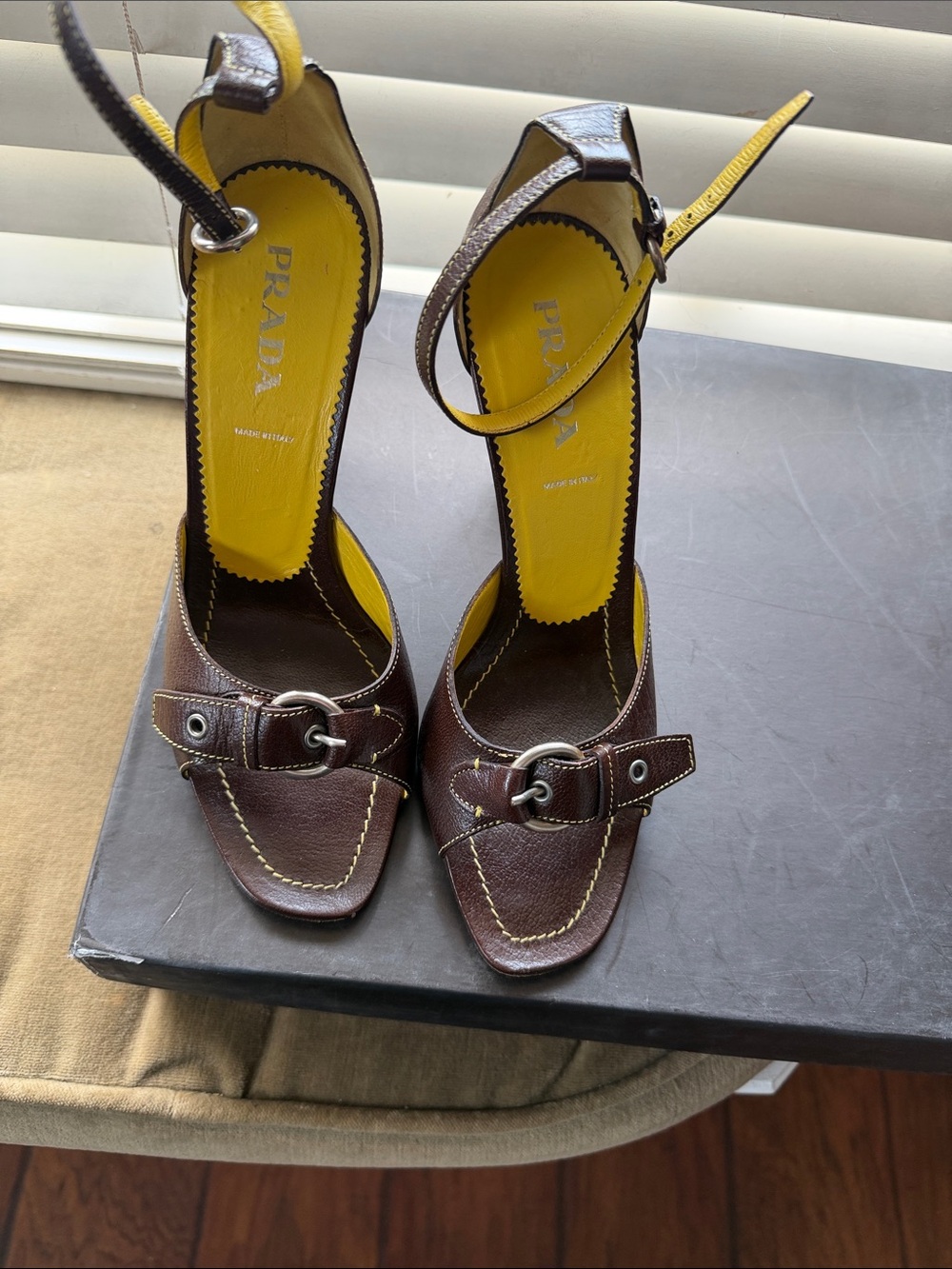 Prada Brown Leather Ankle-Strap Heels with Yellow Insole 4 inch heels